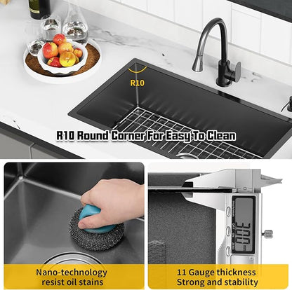 Black 32x18 Inch Undermount Kitchen Sink-Stainless Steel Single Bowl Drop In Kitchen Sink Stylish And Modern Look With Bottom Grid,Silicon Mat And Drain Assembly Add Elegance & Enhance Usability