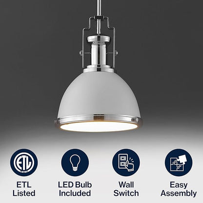 JONATHAN Y 10" Chrome/White Modern Industrial Iron LED Dome Pendant Light, Adjustable Hanging Fixture for Kitchen Island or Entryway, Black Metal Shade, LED Bulb Included (JYL9535C)