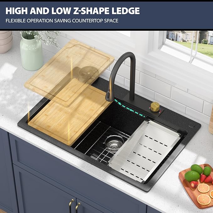 33 Inch Drop-In Kitchen Sink - Beslend 33x22 Black Granite Composite Drop In Workstation Sink Topmount Sinks with Integrated Waterfall Faucet & Glass Rinser - Non-Splash, Easy Clean