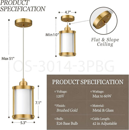Brushed Gold Pendant Lights Kitchen Island 3 Pack, Modern Kitchen Pendant Lighting Over Island with Milk Glass, Farmhouse Brass Mini Hanging Light for Kitchen Sink Dining Room, OS-3014-3PBG
