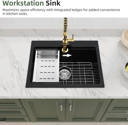 Davivy 25 Inch Black Granite Composite Kitchen Sink Workstation, Quartz Kitchen Sink Black, Drop in & Undermount Installation, Single Bowl Design with Accessories
