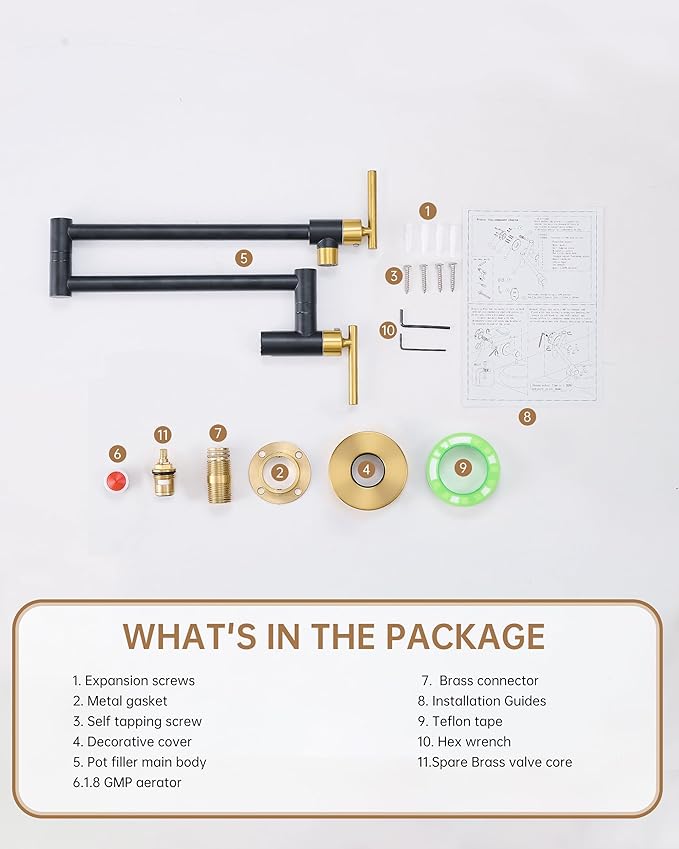 Fransiton Black Gold Pot Filler, Pot Filler Faucet Wall Mount, Brass Folding Stretchable with Double Joint Swing Arm Single Hole Two Handles Kitchen