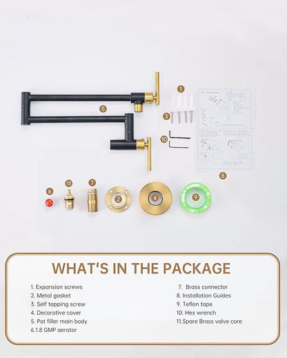 Fransiton Black Gold Pot Filler, Pot Filler Faucet Wall Mount, Brass Folding Stretchable with Double Joint Swing Arm Single Hole Two Handles Kitchen