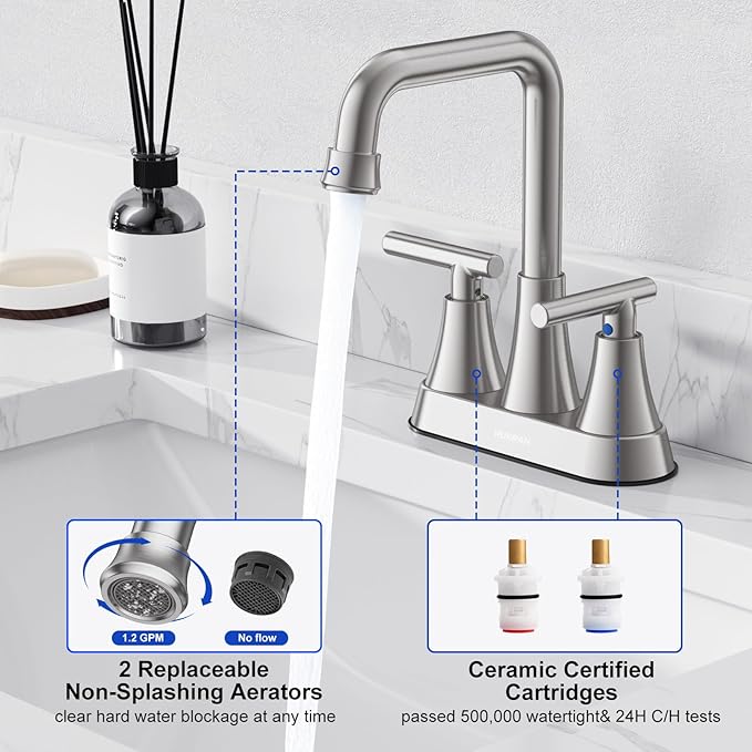 Bathroom Sink Faucet, Hurran 4 inch Brushed Nickel Bathroom Faucets for Sink 3 Hole with Pop-up Drain and Supply Hoses, 2-Handle Centerset Faucet for Vanity RV Farmhouse, 2 Pack