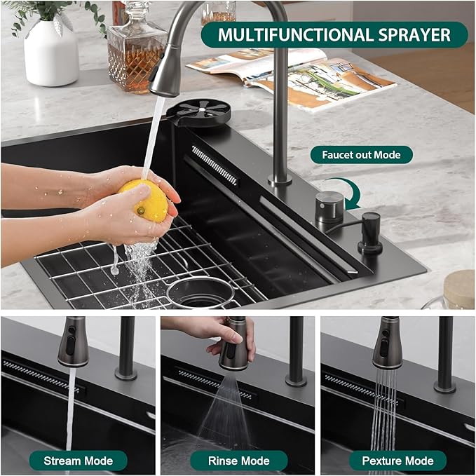 33" Drop-In Single Bowl Black Kitchen Sink with Faucet, Gunmetal Black 16 Gauge 304 Stainless Steel Workstation Sink with Cup Washer, Waterfall Outlet and Four-Hole Configuration #TLWF-0027