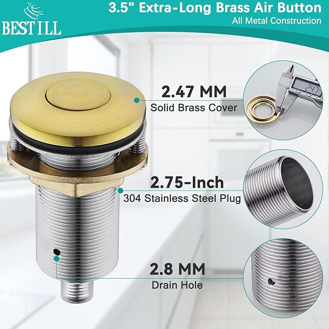 BESTILL Garbage Disposal Air Switch Kit, Brushed Brass Stainless Steel Push Button, UL Listed, Sink Top On/Off Switch for Food Waste Disposer