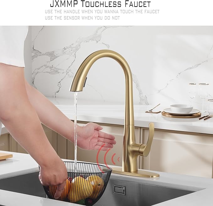 Touchless Kitchen Faucet with Pull Down Sprayer, Brushed Gold Motion Sensor Kitchen Faucet, Stainless Steel Hands Free Faucet for Kitchen Sink 1 or 3 Hole