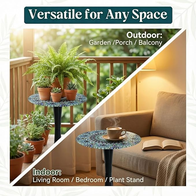 Simmer Stone 13.4" Outdoor Side Table, Round Patio Bistro Table Printed Tempered Glass Top, Waterproof Rust-Proof Base, Small Plant Stand for Balcony, Garden, Deck, 21.6" H (Blue Morocco)