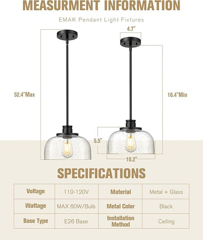 Emak 2 Pack Black Pendant Light Fixtures, 10 Inch Seeded Glass Pendant Lights Kitchen Island, Modern Farmhouse Island Lights for Kitchen, Dining Room, Bathroom, Bar, PL131-BK-SG-2PK