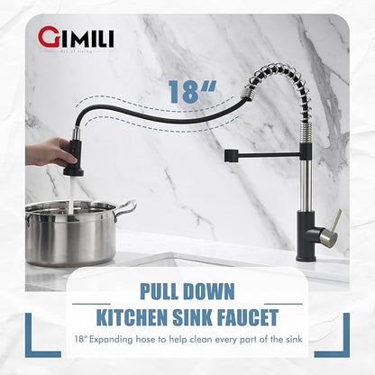 GIMILI Kitchen Faucet with Pull Down Sprayer Single Hole Stainless Steel Sink Faucet, Suitable for Farmhouses, RV, Laundry Room, Outdoor, and Campers. Llave para fregadero de cocina Nickel and Black