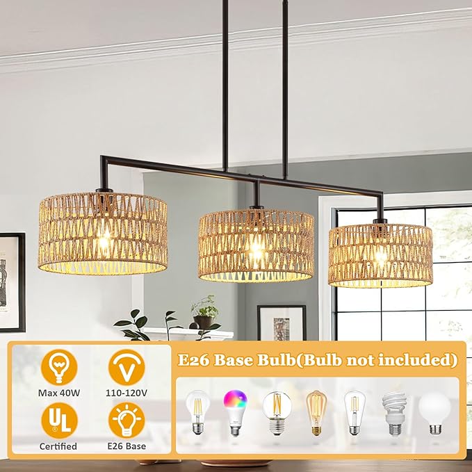 47" Hand Woven Rattan Chandeliers for Dining Room, 3-light Boho Linear Chandeliers Large Farmhouse Kitchen Island Lighting, Black Finish Pendant Light Fixtures Over Table, Bar, Living Room,E26