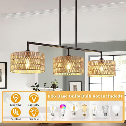 47" Hand Woven Rattan Chandeliers for Dining Room, 3-light Boho Linear Chandeliers Large Farmhouse Kitchen Island Lighting, Black Finish Pendant Light Fixtures Over Table, Bar, Living Room,E26