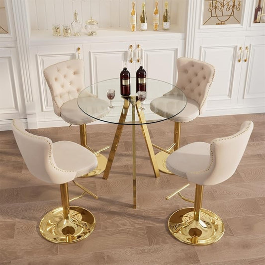 yeag 31.5'' Modern Round Glass Bar Table Set for 4, Luxury Gold Bistro Pub Table & 4 Adjustable Metal Bar Stools Velvet Swivel Counter Height Stools (Gold Metal Legs, Clear Top + Beige Chair)