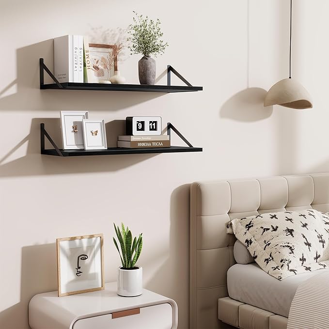 Acovy Deep Floating Shelves for Wall,30" Wx10 D Wood Floating Shelf Set of 2,Sturdy Metal Bracket Wide Display & Storage,Wall Mounted Hanging Floating Shelves for Living Room,Bedroom,Kitchen,Black
