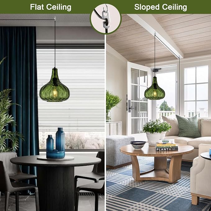 Vintage Plug in Pendant Light Fixture Mid-Century Modern Pendant Lamp with 14.7 ft Cord Hammered Green Glass Globe Shade Retro Plug in Hanging Light for Bedroom Living Room