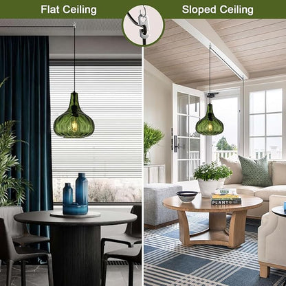 Plug in Pendant Light Fixture,Vintage Hanging Lamp with Cord Hammered Green Glass Globe Shade Mid-Century Modern Ceilig Pendant Lamp Plug in Hanging Lamp for Bedroom Dining Living Room