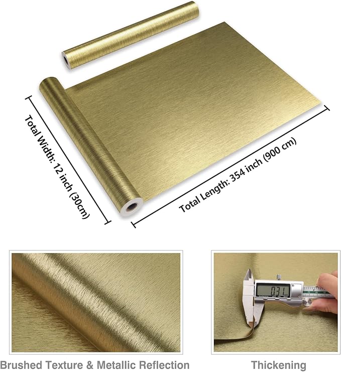 CRE8TIVE Thick Champagne Olive Gold Brushed Metallic Wallpaper for Kitchen Stainless Steel Contact Paper 12"x354" Removable Adhesive Gold Peel and Stick Wallpaper for Cabinets Backsplash Appliances
