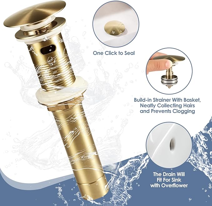 Single Handle Black Bathroom Faucet with Metal Drain Assembly and Escutcheon,Brushed Gold