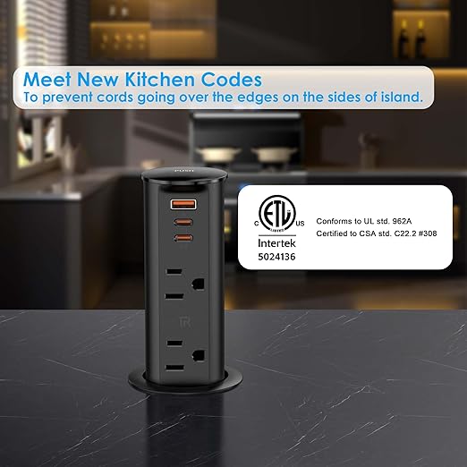 ANNQUAN 2 inch Pop Up Outlet for Countertop with 20W USB Ports,2 Outlets Tamper Resistant,Splashproof Pop Up Socket,Desk Power Grommet for Home Office Kitchen 3FT Cord (ETL Listed)