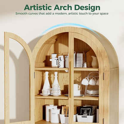63" Arched Storage Cabinet, 5-Tier Modern Arched Cabinet with Glass Doors, Tall Arched Cabinet Adjustable for Living Room, Dining Room Office,Oak