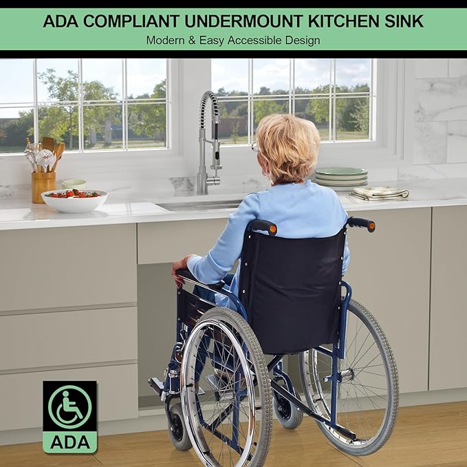 25 Inch Undermount Kitchen Sink - Beslend ADA 6 Inch Depth 25x18 Undermount Worksation Sinks Under Counter Stainless Steel 16 Gauge Mobility Friendly Sink for Wheelchair Accessible Kitchen
