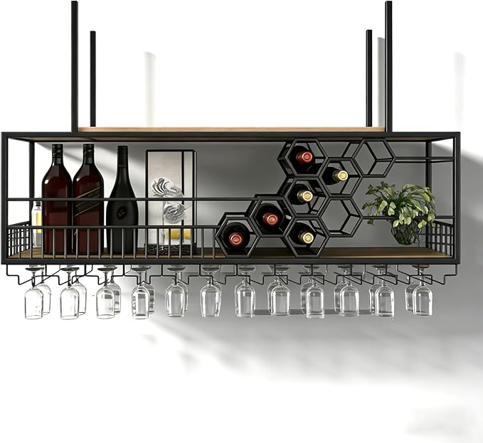 39.3in Ceiling Wine Glass Rack， Large Capacity Hanging Wine Rack， Honeycomb Hanging Wine Racks for Wine Bottles， Wine Storage Display Rack for Home Bar Dining Room Kitchen (Black ，39.3inch/100cm）