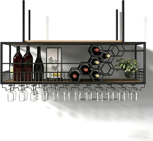 47.2in Ceiling Wine Glass Rack， Large Capacity Hanging Wine Rack， Honeycomb Hanging Wine Racks for Wine Bottles， Wine Storage Display Rack for Home Bar Dining Room Kitchen ( Black, 47.2inch/120cm）