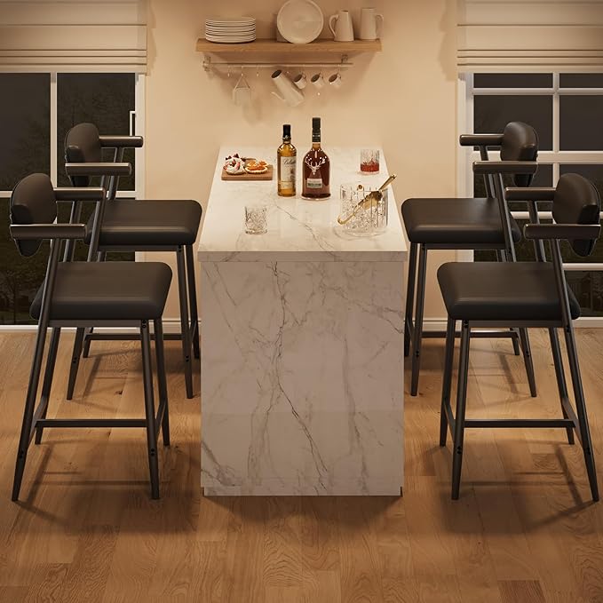 GarveeHome Bar Stools Set of 6 with Arms, 26" Modern 6-Piece Counter Height Metal Barstools Set with Back & Footrest, Upholstered Wider Seat, Sturdy Frame, for Counter Bar, Kitchen Island, Retro Black