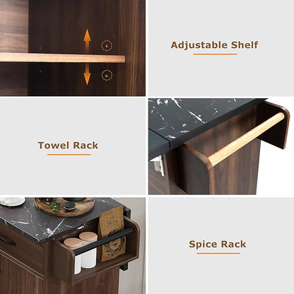 51.06" Mobile Kitchen Drop Leaf and Multipurpose Tilt-out Trash Can,Storage Cabinet w/Spice, Towel Rack & Drawer & Adjustable Shelf,Rolling Islands on Wheels, 50.25", Walnut Brown