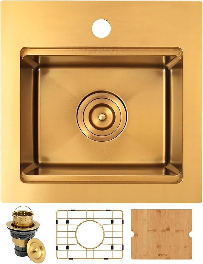 Gold Bar Sink,15 Inch Drop In Gold Kitchen Sink, 15" x 15" x 9" Small but Deep Single Bowl RV Kitchen Sinks, 16 Gauge SUS304 Stainless Steel All In One Workstation Sinks with Accessories