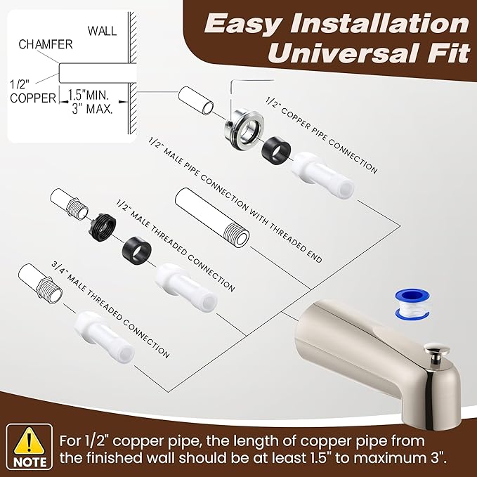 Dreyoo 7 Inch Tub Spout (Universal Fits 1/2" Copper Pipe, 1/2" IPS and 3/4" IPS), Bathroom Bathtub Faucet with Adapters and Hex Wrench(Brushed Nickel,With Diverter)