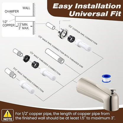 Dreyoo 7 Inch Tub Spout (Universal Fits 1/2" Copper Pipe, 1/2" IPS and 3/4" IPS), Bathroom Bathtub Faucet with Adapters and Hex Wrench(Brushed Nickel,With Diverter)