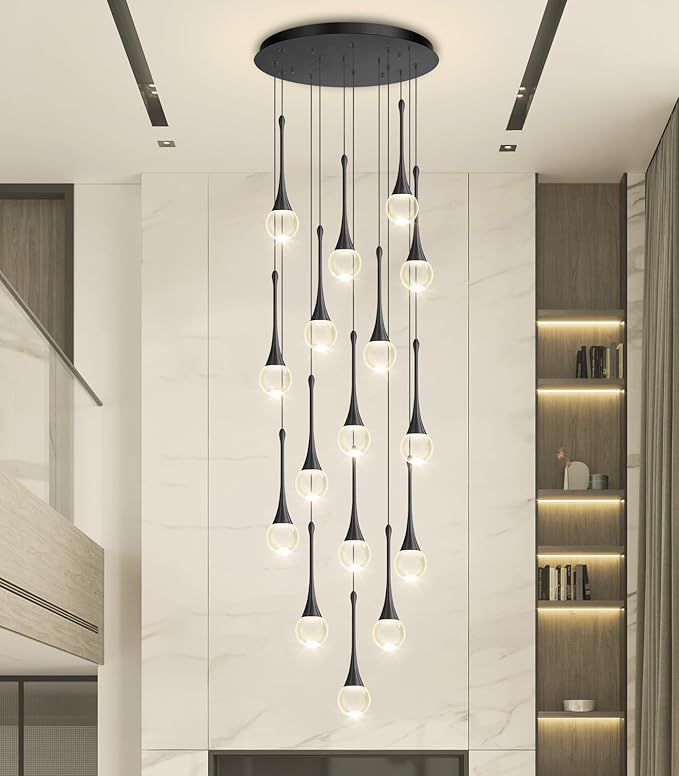 16 Light High Ceiling Crystal Chandelier Dimmable LED Pendant Lights with Remote Adjustable Chandeliers for Foyer Staircase Living Room Black