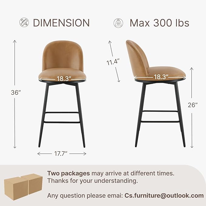 KISLOT Counter Height Swivel Bar Stools Set of 4, 26" Upholstered Faux Leather Barstools with Backs and Metal Legs for Kitchen Island,Brown