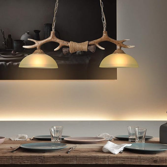 Retro Deer Horn Chandelier, Resin Pendant Light Antler Hanging Ceiling Lamp Fixture 2 Light Sunset Glass Shades Vintage Style Chandelier for Living Room Bar Cafe Dining Room Indoor Decorative