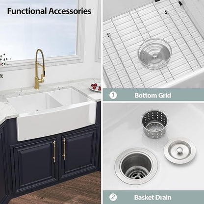 Kichae 33 White Farmhouse Sink Double Bowl - Kichae 33x21 Inch Kitchen Sink Apron Front Fireclay Ceramic Porcelain White Double Basin 60/40 Kitchen Sink