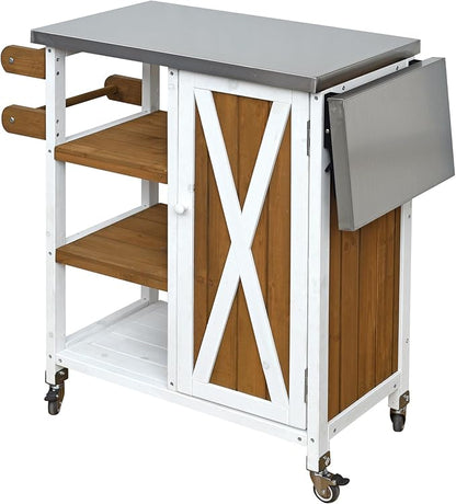 MERITLINE Foldable Outdoor Kitchen Island with Stainless Steel Top, Lockable Rolling Casters & Towel Rack, Mobile BBQ Prep Cart with Open Shelves and Hidden Cabinet for Patio, Balcony, White+Brown