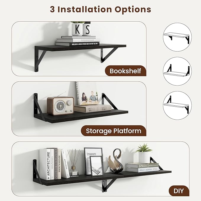 Axeman 20 Inch Floating Shelves | 8 Inch Deep Black Wall Shelves Set of 2 | 20''W x 8''D Black Wood Shelves for Bathroom Living Room Bedroom Kitchen