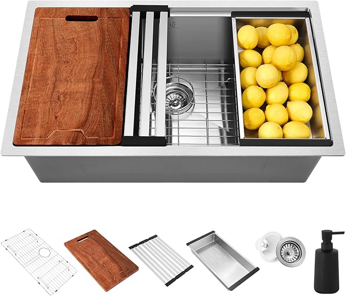 32x19 Inch Undermount Kitchen Sink Luxury Nano-coating Single Bowl Black Kitchen Sinks 16 Gauge Stainless Steel Soundproof Kitchen Workstation with 6 Accessories (Brushed Nickel)