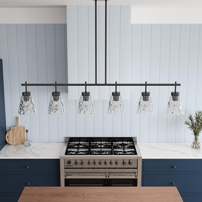 Aiwen 6-Light Kitchen Island Lighting, Modern 48 inch Black Island Chandelier with Glass Shade, Industrial Linear Pendant Lighting Over Table, Pendant Light Fixture for Dining Room
