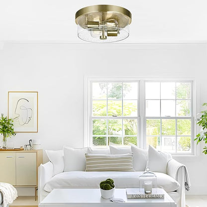 Flush Mount Ceiling Light Fixtures, 2-Light Brass Ceiling Mount for Farmhouse with Seeded Glass Lampshade, Industrial Hall Flush Mount Light Fixture for Hallway, Kitchen, Entryway, Bedroom and Foyer