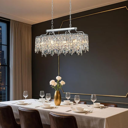 10 Light Crystal Chandelier | Chrome Oval-Shaped Crystal Chandeliers for Dining Room Light Fixture, 32" Modern Ceiling Lighting Fixture for Dining Room Kitchen Island Bar