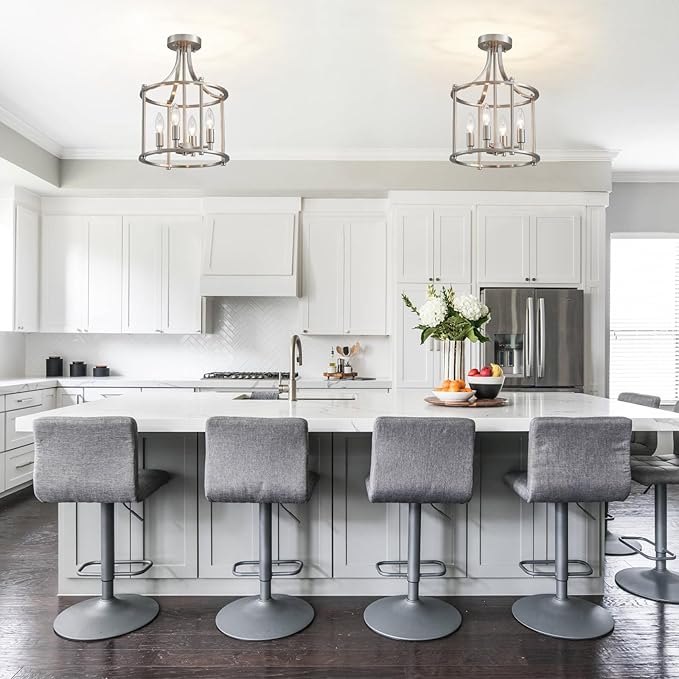 XINGQI Brushed Nickel Semi Flush Mount Ceiling Light Fixture Modern 4 Light Round Small Mini Chandelier Cage Ceiling Lights for Entryway Foyer Hallway 12" Geometric Dining Room Chandelier