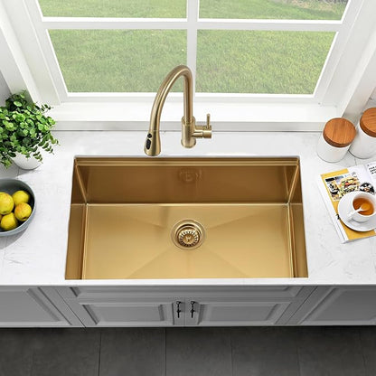 30 Inch Undermount Gold Kitchen Sink-Bokaiya Stainless Steel Undermount Workstation Sink 16 Gauge 10 Inch Deep Single Bowl Undermount Kichen Sink with Cutting Board