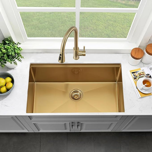 30 Inch Undermount Gold Kitchen Sink-Bokaiya Stainless Steel Undermount Workstation Sink 16 Gauge 10 Inch Deep Single Bowl Undermount Kichen Sink with Cutting Board