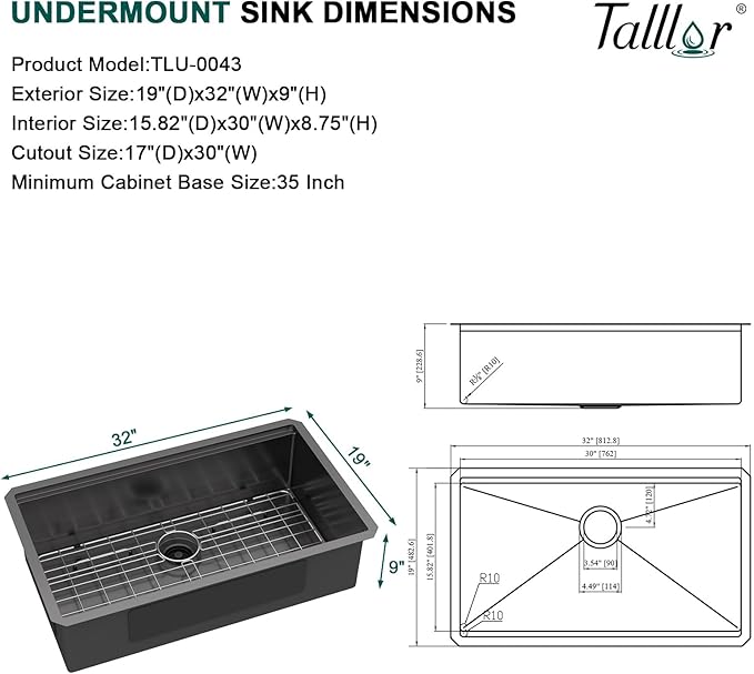 32x19 Black Undermount Kitchen Sink - Workstation 16 Gauge 304 Stainless Steel Single Bowl Under Counter Handmade Sinks with Mixing Bowl, Cutting Board, and Pasta Strainer #TLU-0043
