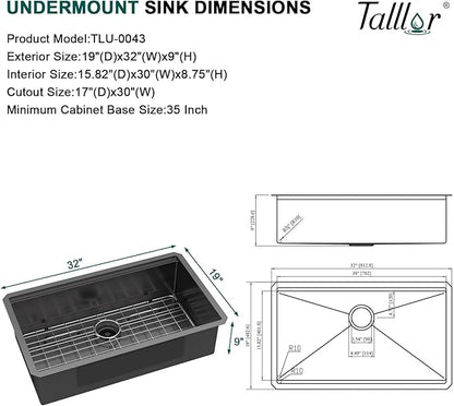 32x19 Black Undermount Kitchen Sink - Workstation 16 Gauge 304 Stainless Steel Single Bowl Under Counter Handmade Sinks with Mixing Bowl, Cutting Board, and Pasta Strainer #TLU-0043