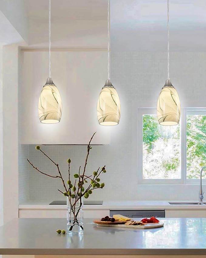 karyfine Mini Pendant Lights Kitchen Island Light Brown Glass Lamp Shade Hand Blown Glass Pendant Light with Brush Nickel Finish Adjustable Cord for Kitchen Over Sink (Green Marble-3Packs)