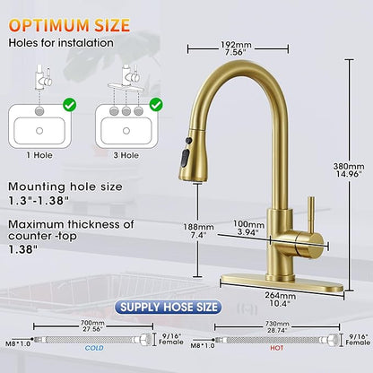 Brushed Gold Kitchen Faucets with Cartridge Replacement, High Arc Single Handle Stainless Steel Kitchen Sink Faucet for 1 or 3 Hole, Ideal for Farmhouse RV Laundry Bar Camper & Commercial