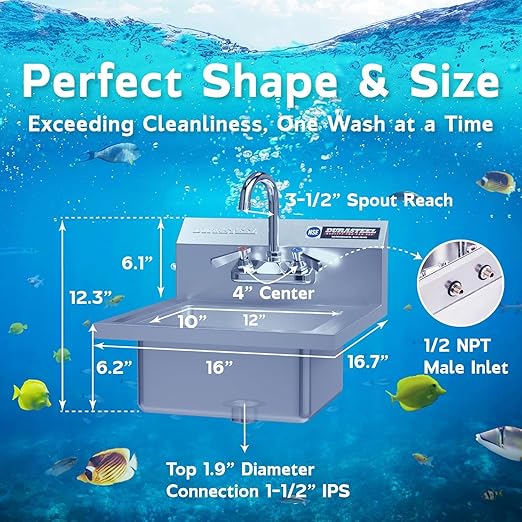 DuraSteel Commercial Hand Wash Sink - NSF Commercial Hand Sink Faucet Included 12x10 Basin - Restaurant Wall Mount Stainless Steel Kitchen Handwashing Sinks Station - Mounted Handwash Sinks, Washing